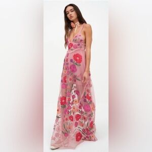 For Love & Lemons Pink Floral Embroidered Maxi Dress